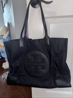 Tory Burch Black Nylon Logo Tote with Leather Trim